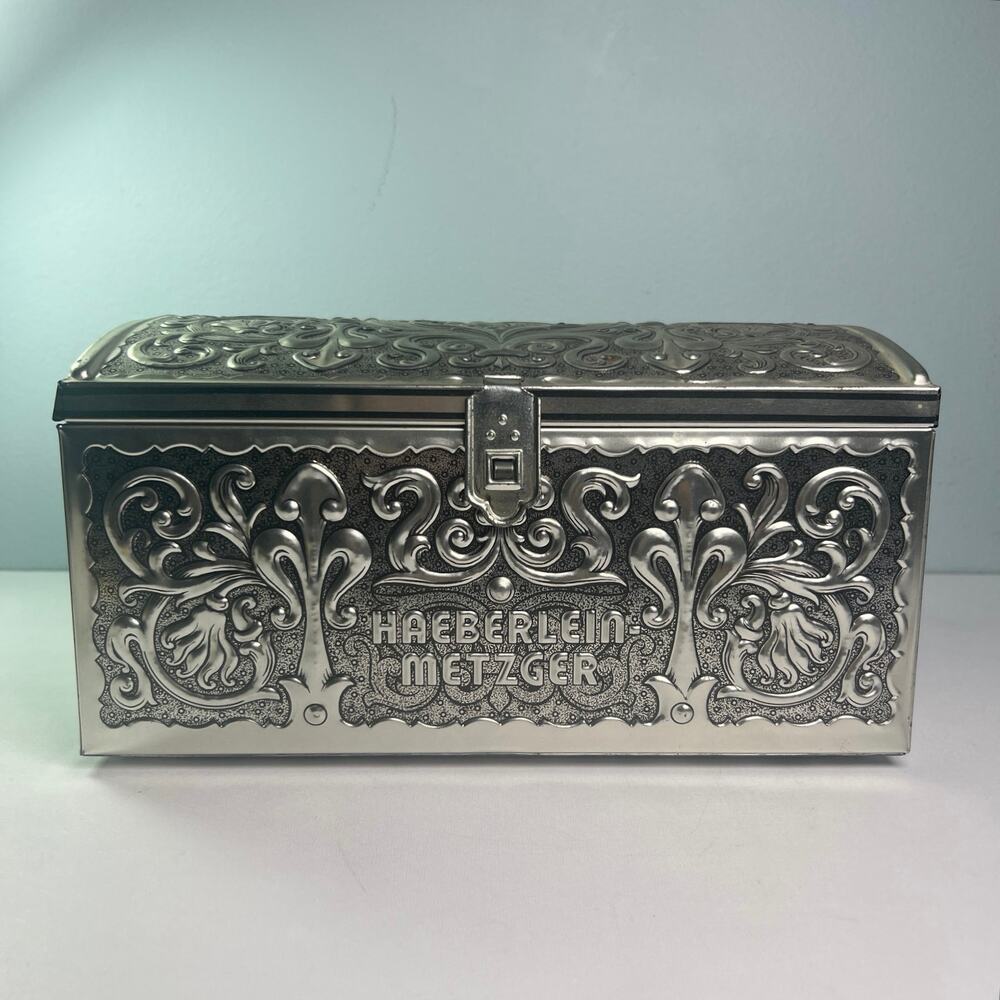 Vintage Haeberlein Metzger Pressed Tin Biscuit Box Gingerbread German Mini Trunk